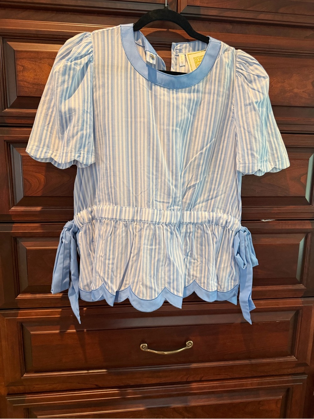 Women’s Light Blue Striped Peplum Blouse with Scalloped Hem